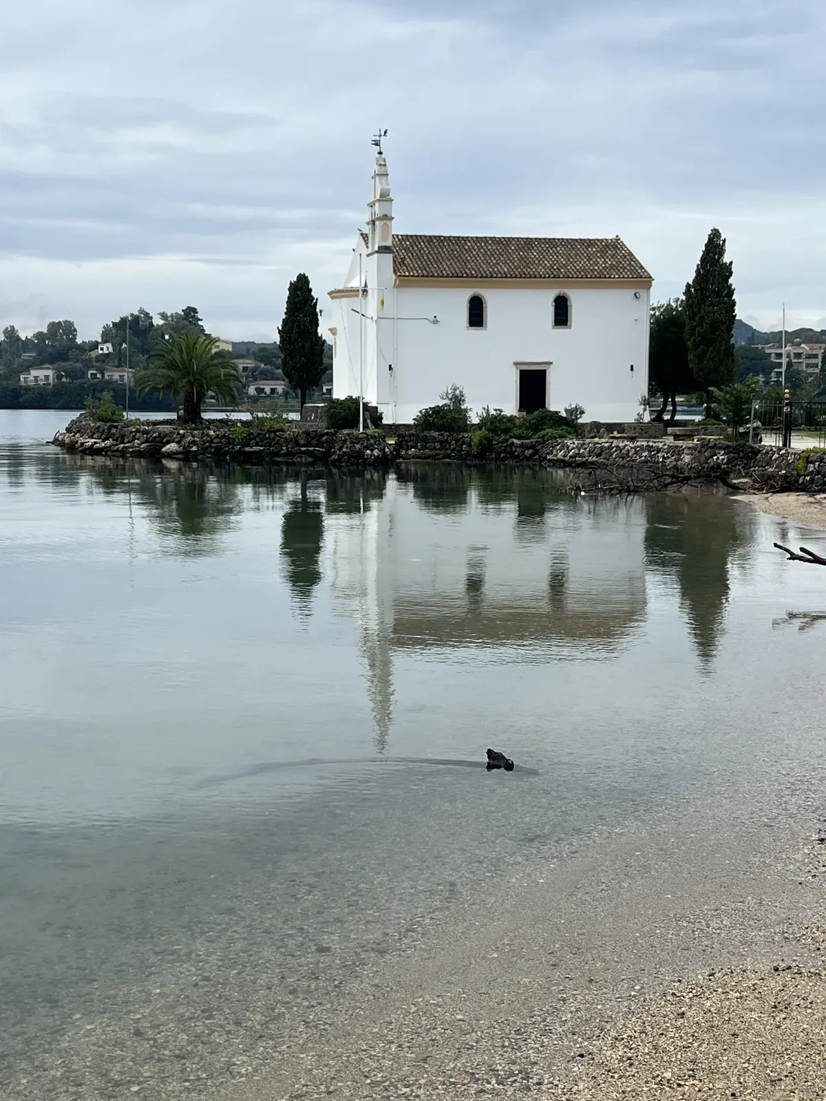 White church on small islet, still water reflection, coot swimming in foreground, grey sky