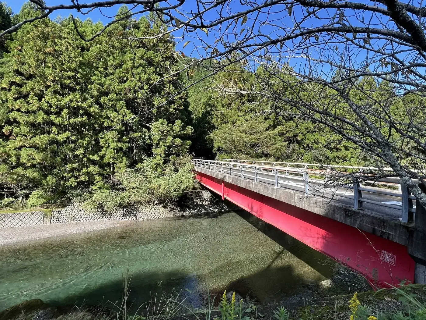 Red bridge over clear river, cedar forest
